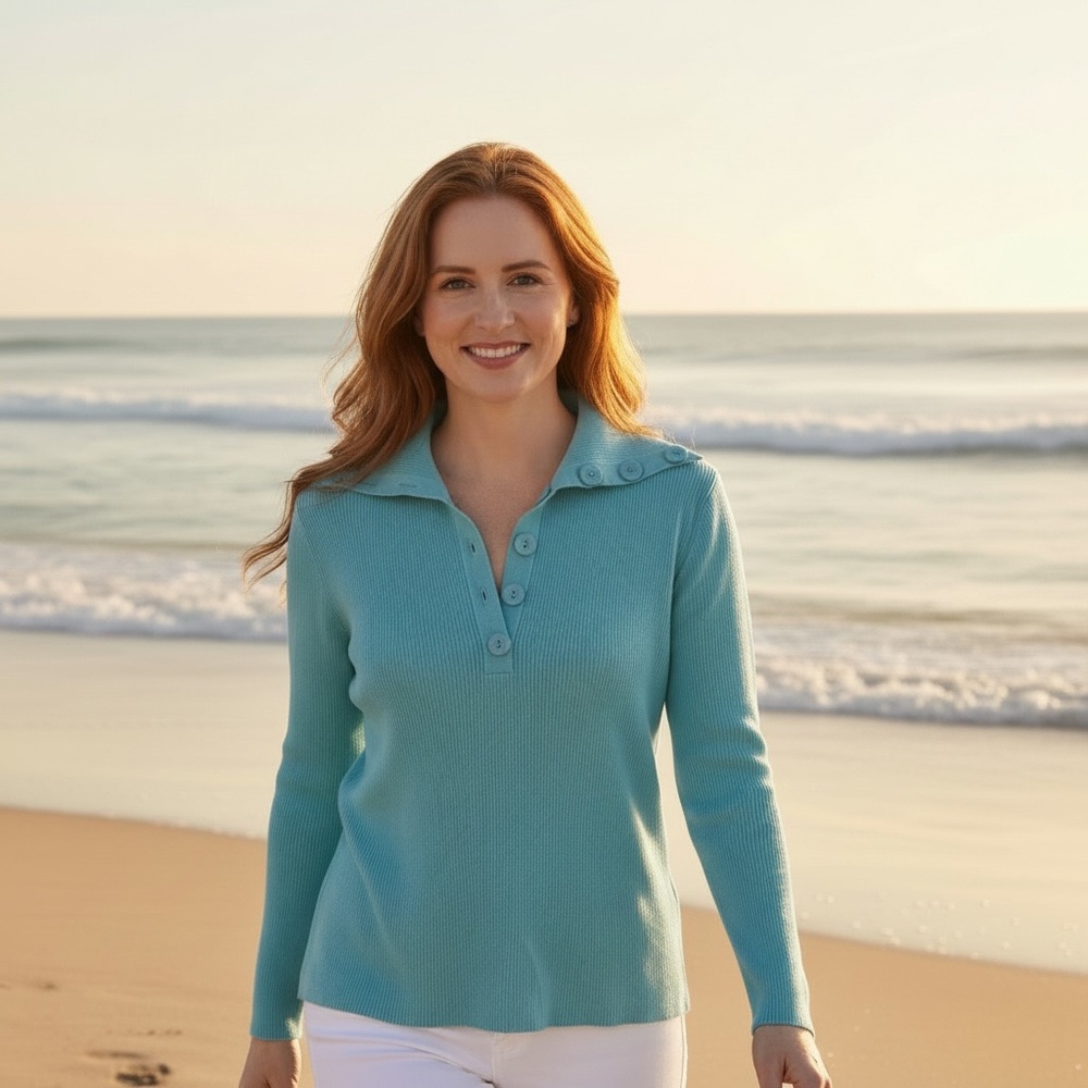 Talbots Turquoise Ribbed Cotton Blend Stretch 3/4 Sleeve Sweater Size Large